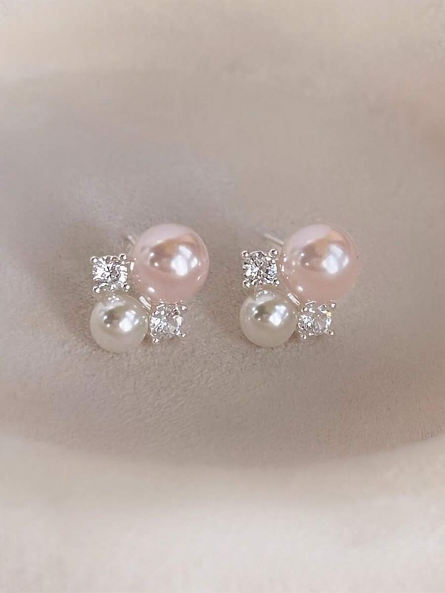 1 Pair French Style Crystal & Faux Pearl Stud Earrings, Versatile Fashion Earrings For Girls - Pink - View 1