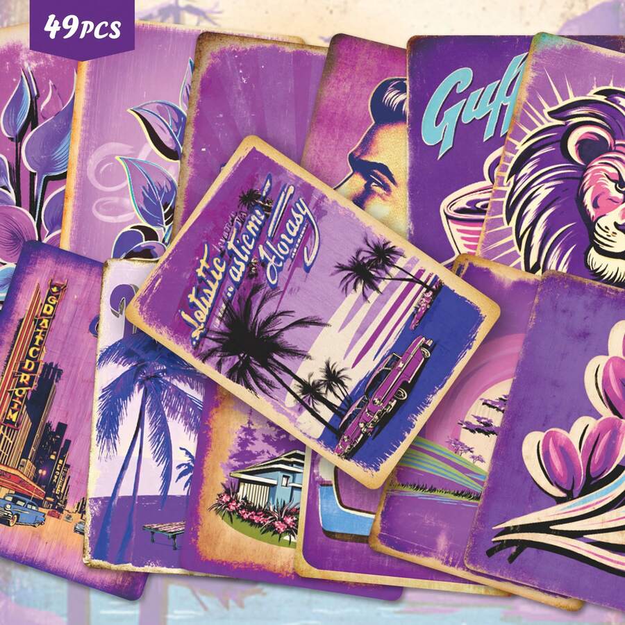 49pcs Purple Tone Urban Illustration Art Sticker Pack | Dynamic Retro City And Nostalgic Design Vinyl Stickers | Suitable For Laptops, Decoration And Gifts | Perfect For Art Lovers And Atmosphere Enthusiasts - Rectangle - View 1