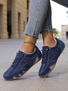 1双女士休闲PU皮系带英伦风套脚鞋，橡胶防滑鞋底，时尚手工缝制鞋头，四季皆宜 - 藍色 - 查看 6