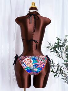 可爱热带印花露背系带比基尼套装，时尚波西米亚风沙滩泳衣，侧边系带泳裤 - 花色 - 查看 3