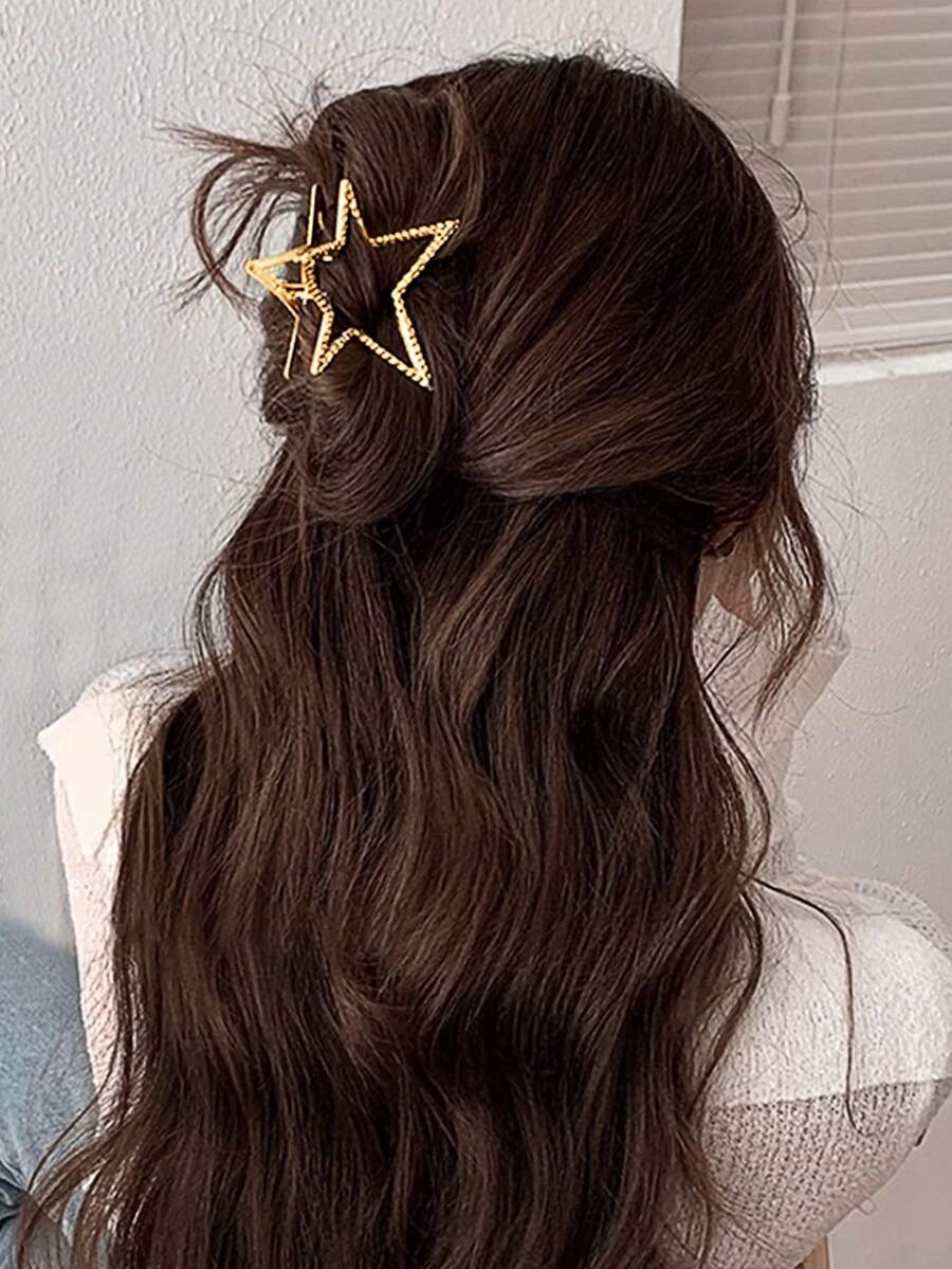 1pc Women's Hollow Out Silver-Tone Five-Pointed Star Medium-Sized Metal Hair Claw Hair Claw, Versatile Hair Ornament Street Y2k Claw Clips Hair Clips Hair Jaw Clip Hair Clamps Hair Clutch Hair Catcher Clip, School Stuff, College Fall Winter Hair Accessories For Women For Vacation Outfits Woman - 金色 - 查看 1