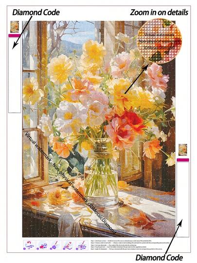 5D钻石画 | 阳光窗边花束DIY钻石画套装，色彩鲜艳温暖的混合花卉，透明玻璃花瓶，复古木质窗框和阳光照射的桌面。手工装饰画，5D DIY刺绣马赛克艺术，打造属于你自己的DIY墙面艺术，享受手工乐趣，送给朋友的最佳礼物