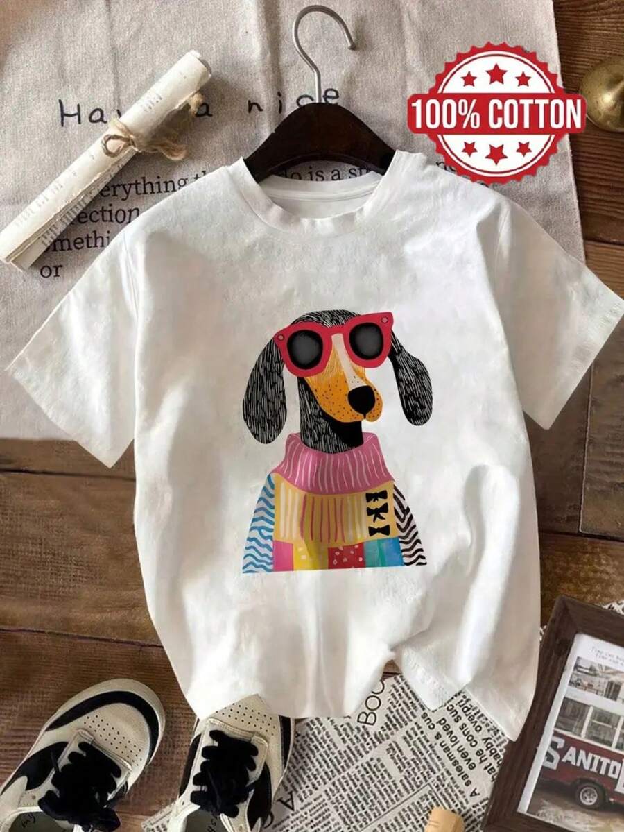 Playera para mujer con estampado de perro 100% - Cachorro con lentes y amigo peludo, manga corta, cuello redondo, hombros caídos, relajada, transpirable, para ropa casual y exterior, con cuello acanalado (sin mangas) - [Blanco] - Ver 1
