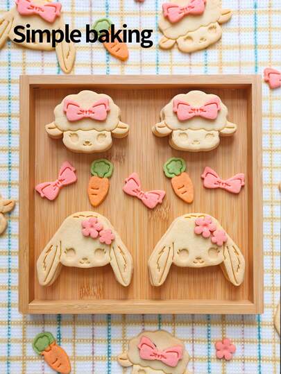 一套可爱的小绵羊和小兔子饼干模具，包含小羊、兔子、胡萝卜和蝴蝶结图案。这款易于使用的饼干模具可用于制作饼干，也是生日礼物、糕点制作工具和蛋糕装饰工具的理想之选。