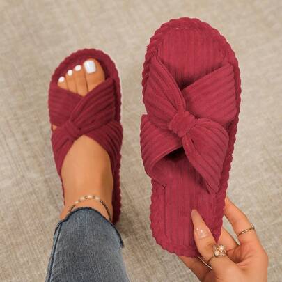 1 đôi dép lê đế dày màu đỏ tía bằng vải nhung kẻ, trang trí nơ, mang phong cách retro, thích hợp cho cả trong nhà và ngoài trời, phù hợp cho mùa thu/đông.
