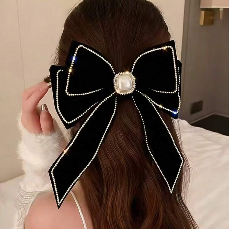 1pc Velvet Rhinestone Pearl Bow Hair Clip - Black - View 1