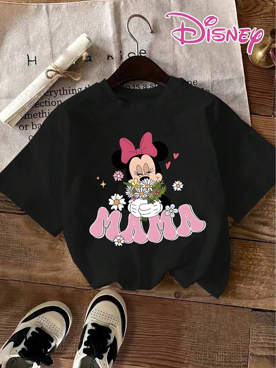 Disney Mother's Day Minnie Mouse Cartoon Print Holding A Bouquet Of Flowers, Paired With The Artistic "MAMA" Lettering And Scattered Floral Decorations. Disney New Summer Short-Sleeve T-Shirt For Women, Casual And Fashionable Printed Tee - 黑色 - 查看 1