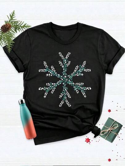 Algodón Camiseta Con Estampado De Copos De Nieve Festivos Para Mujer-Camiseta Informal De Manga Corta Y Cuello Redondo, Algodón Suave, Lavable Aáquina. % Algodón.