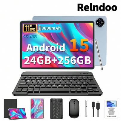 Relndoo New 2026 Android 15 Tablet PC, 11inch Android Tablet, 24GB RAM + 256GB Storage (1TB Expandable), T615 Octa-Core CPU, WiFi, 8000mAh, 5MP+13MP Dual Cameras, 1280*800px HD Touchscreen, Type-C, Tablet With Keyboard, Mouse, Stylus, Protective Case, Film, Tablet, Pad, As A Perfect Gift-Black