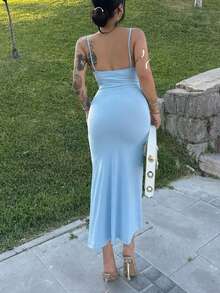 PEONY Damen elegantes, sexy Urlaubs-Kleid mit Raffung, Spaghettiträgern, verstellbar, figurbetonter Schnitt mit Schlitz, Blau, geeignet für Party, Zusammenkunft, Festival, Geburtstag, Abschluss, Feiertag, Strand, Urlaub, Oster-Party Sommer - Babyblau - Übersicht 7
