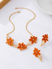 3件套女士首饰套装，复古简约优雅滴油花朵项链耳环套装，适合派对、宴会和日常佩戴 - 橘色 - 查看 3