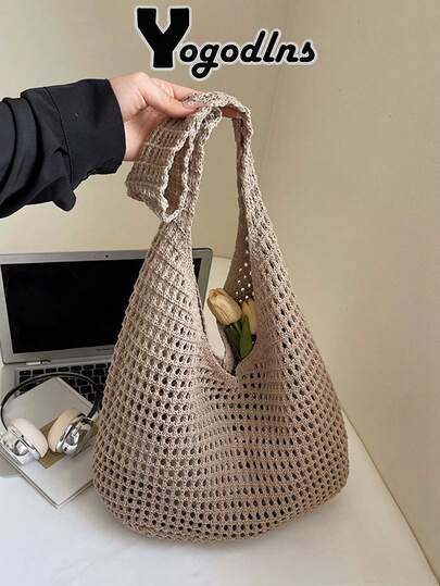Yogodlns Women's Aesthetic Crochet Beach Shopper Tote Knitted Net Underarm Bag For Summer Versatile Shoulder Bag Women's Shoulder Bags Casual Woven Ladies Handmade Totes Large Capacity Summer Beach Female's Messenger Bag