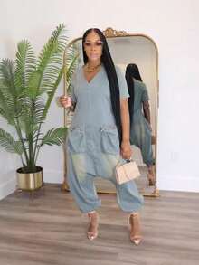 Comfortable And Fashionable Loose Big Crotch Jumpsuit Retro Personalized Fashion Big Pocket Denim Jumpsuit - màu xanh nhạt - Xem 2