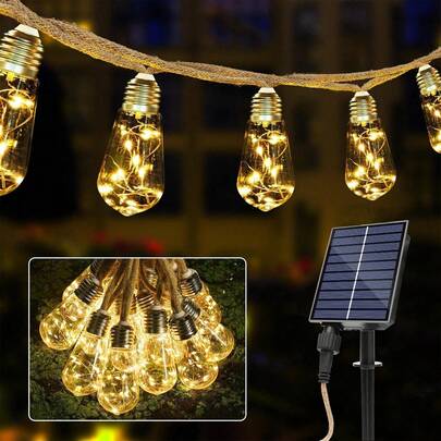 26ft Solar Outdoor String Lights With 16 Shatterproof Bulbs, 8 Lighting Modes, Vintage Hemp Rope LED Patio Lights, Waterproof Hanging Patio Cafe Decor Lights, Warm White