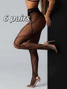1/3/6双装女士紧身提拉透气渔网袜，适合日常穿着 - 黑色 - 查看 11