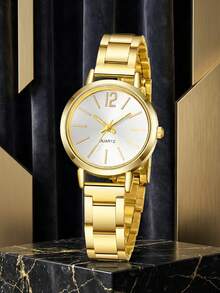 JasonRolls 2pcs/Set Women's Watch, Minimalist Stylish Gold Alloy Case With Steel Strap Quartz Watch & Heart-Shaped Watch Bracelet Set, Suitable For Daily Wear, Birthday Gift - Gold - View 7