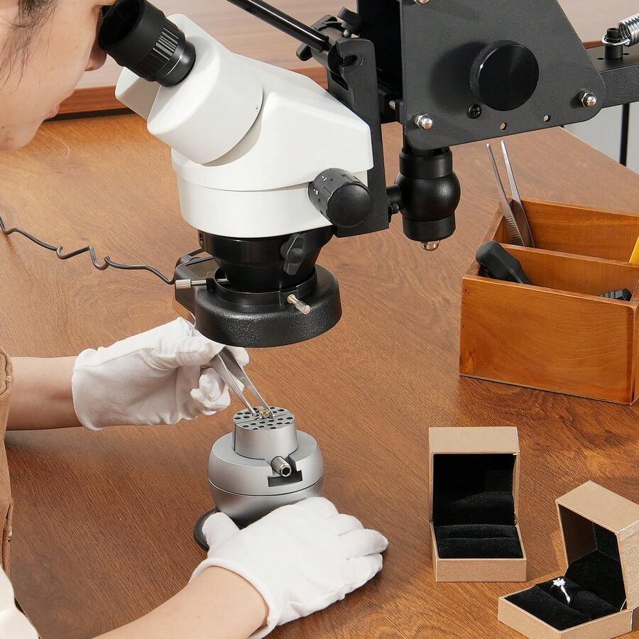 Multidirektionales Mikroskop mit Federhalterung, Schmuckmikroskop mit 7- bis 45-facher Vergrößerung, Mikro-Schmuck-Intarsienständer mit integriertem USB-Ring-LED-Licht und 360°-Kugelschraubstock, für Schmuckintarsien - mit 360° - Kugelschraubstock - Übersicht 1
