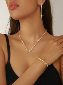 3pcs/Set Gold V-Shaped Elegant Crystal Necklace, Earrings, Bracelet Jewelry Set - Graceful And Versatile, Suitable For Women's Daily Wear, Weddings, Parties, Etc. - Yellow Gold - View 11