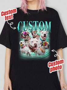 Customized Pet 90s Rap Dog Pattern T-Shirt, Can Add Custom Text/Images, Suitable For Daily Wear/Wedding Party/Company Gathering/Friends Photo - Black - View 2