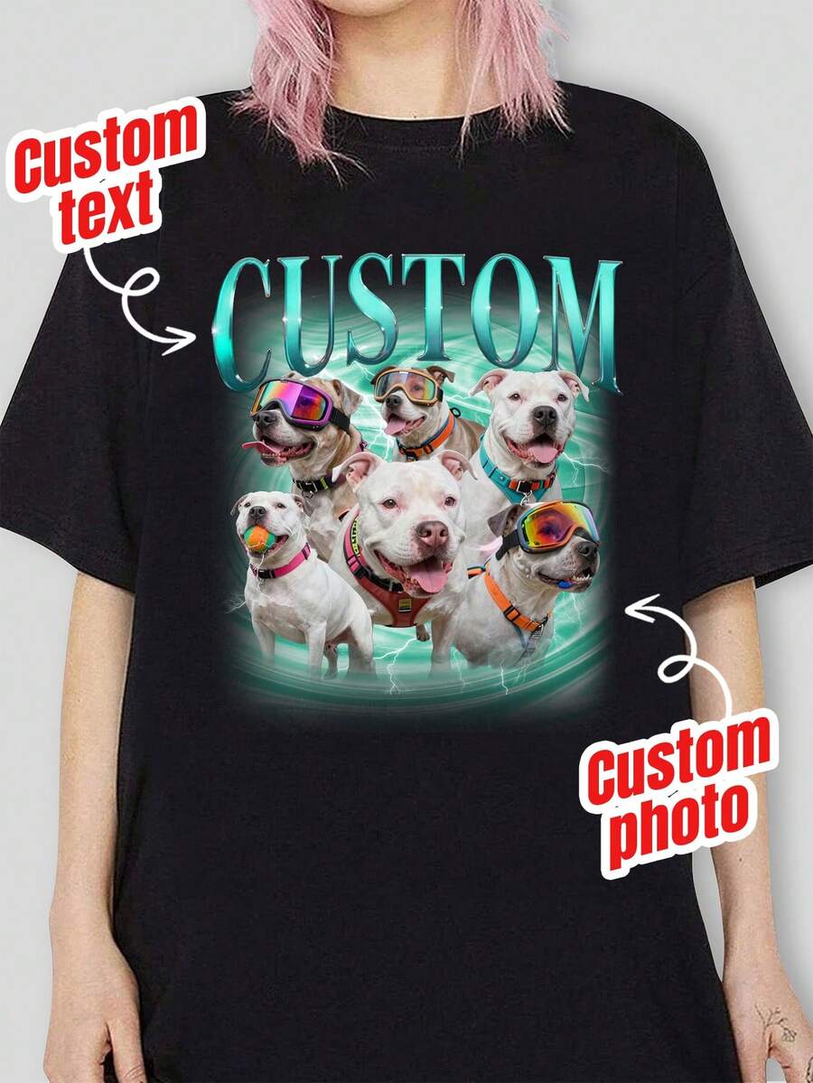 Kaos Custom Motif Anjing Rap Era 90-an, Bisa Ditambahkan Teks/Gambar Kustom, Cocok Untuk Pemakaian Sehari-hari/Pesta Pernikahan/Acara Perusahaan/Foto Bersama Teman - Hitam - View 1