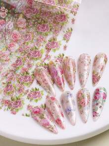 玫瑰花图案美甲贴纸，花卉星空美甲箔纸，婚礼及夏季美甲专用无胶美甲贴花 - 彩色 - 查看 7