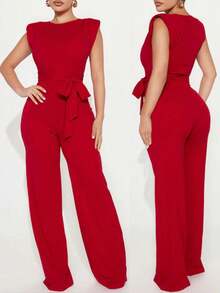 Women's  Elegant Red Bow Tie Front Belted Jumpsuit: Crew Neck & Shoulder Pads - Perfect For Daily, Commute, Travel & Party Occasions - Burgundy - View 1