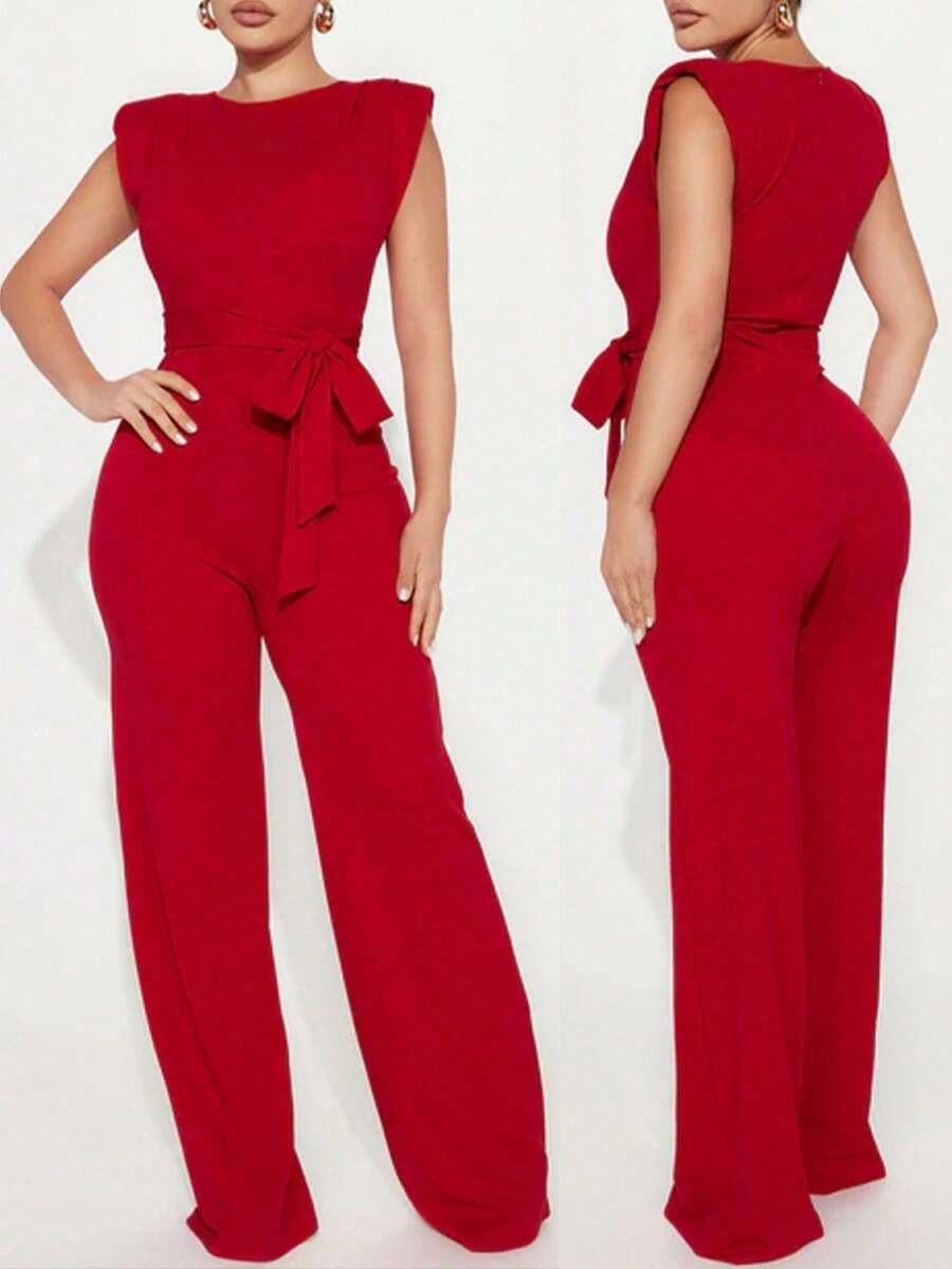 Women's  Elegant Red Bow Tie Front Belted Jumpsuit: Crew Neck & Shoulder Pads - Perfect For Daily, Commute, Travel & Party Occasions - Burgundy - View 1