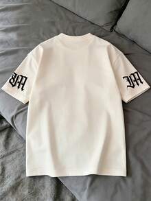 Camiseta casual de manga corta de cuello redondo con estampado de letras de hombro caído para hombre, adecuado para uso diario y deportes y fitness - Caqui - Ver 5