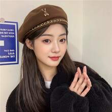 A High-End Metal Rabbit Beret For Women With Autumn And Winter Retro Style Chain Decoration, Versatile And Eye-Catching Small Artist Hat, Suitable For Wearing In Autumn And Winter Seasons And Daily Commuting - Coffee Brown - View 4