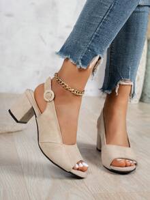 2026新款复古麂皮露趾搭扣粗跟凉鞋，舒适时尚，适合春夏工作和日常穿着。 - 杏色 - 查看 6