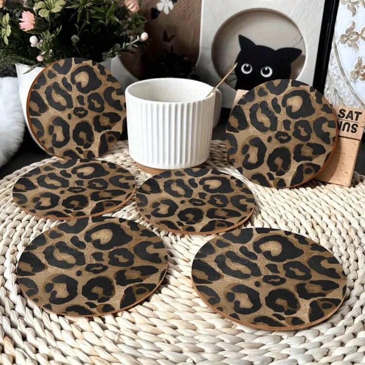 6/120pcs 2D Printed Textured Leopard Print Round Wooden Coasters, Suitable For Patio, Kitchen, Living Room, Home Gatherings, Dining Table Decor, Gift For Friends & Family, Ideal For Valentine's Day, Wedding, Birthday, Party, Home Decor Accessories - Multicolor - View 2