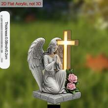 1件2D亚克力花园插牌，描绘了一位祈祷的白色天使，周围环绕着十字架和玫瑰图案。这款优雅的宗教装饰品包含一个插牌底座，方便安装。 - C - 查看 7