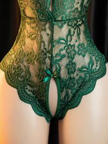 性感连体衣、镂空连体裤、无缝蕾丝打底裤、女士内衣连体衣和塑身衣 - 墨綠 - 查看 5