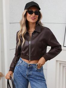Women's Fashion Faux Leather Motorcycle Jacket, Short Style Casual Jacket Suitable For Spring And Autumn - Chocolate Brown - View 7