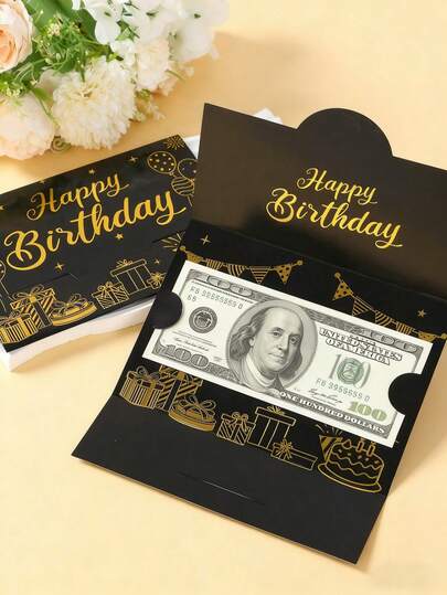 6张黑色金色生日礼物红包卡，生日快乐现金卡，金色气球图案，黑色金色生日派对回礼装饰袋，趣味送礼方式，生日派对装饰用品，婚礼装饰，毕业典礼装饰，生日派对惊喜礼物