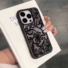 TPU Minimalist Black Lace 1pc Black Lace Pattern Flat U Print Litchi Texture TPU Protective Case, Compatible With Apple 17 16 15 14 13 12 11 Plus Pro Max Series, Personalized INS Style Protective Cover, Minimalist TPU Anti-Drop Fashion Protective Case, High Aesthetic Design, Birthday Gift, Holiday Gift, Gift Phone Cases - Black - View 3