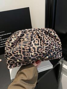 New Rivet Leopard Print Clutch Bag, Pleated Minimalist Cloud Shaped Bag For Women - Brown - View 11