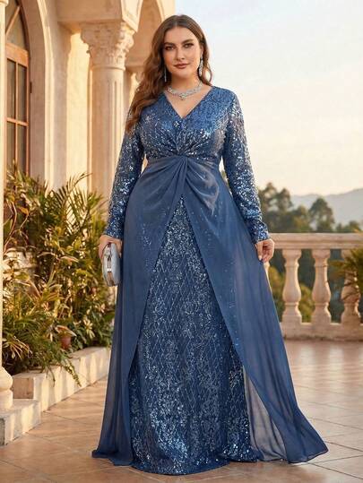 Plus Size Elegant Royal Blue Sequin Long Sleeve V-Neck Formal Evening Gown, Flared Skirt, Twist Detail Design, Suitable For Parties, Galas, Multiple Occasions