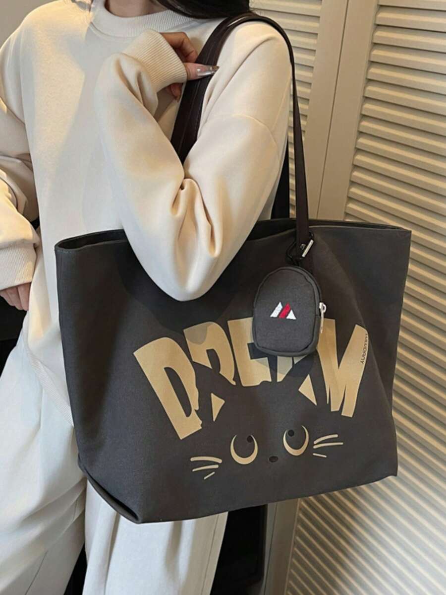 Men's Casual Tote Bag, Striped Large Capacity Canvas Shoulder Bag - Black - View 1