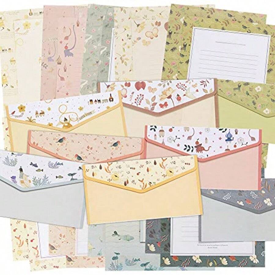 moin moin レターセット 10種 各種 便箋 6枚 + 封筒 3枚＝便箋 60枚 + 封筒 30枚 セット アソート セット/ライン 柄 動物 アニマル カラフル 鳥 いるか 蝶 ピンク グレー 花 フラワー 2106ltrs12 - 10 - チェックする 1