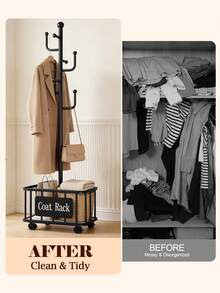 Black Coat Rack With Storage Basket, Freestanding Clothes Rack, Coat Rack Stand For Hat Scarves Handbags Clothes, Modern Coat Hanger Stand For Entryway, Moving Storage Rack For Bedroom Living Room Office Hallway Entrance, Easy Access, Hallway Decor Room Decor - Black - View 9
