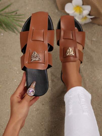 女士平底拖鞋，纯色，前卫度假风波西米亚休闲可爱性感PU皮搭扣平底凉鞋，夏季居家/休闲穿着