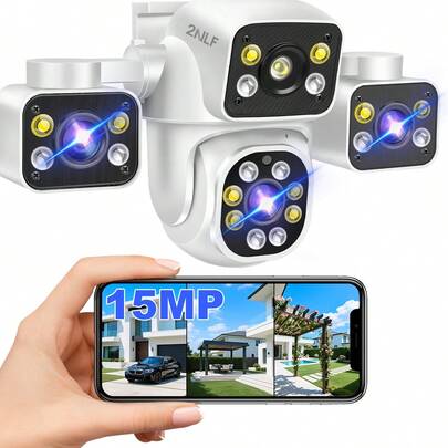 2NLF® 3 Lentes 15MP Cámara de Vigilancia Exterior 3 Pantalla 360° PTZ IP66 Impermeable Visión Nocturna Color Detección de Movimiento Seguimiento Automático Audio Bidireccional Zoom Digital 15X Alerta App IPC360 Home