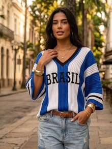 Brazil Striped Women's T-Shirt, Ribbed Modal Knit, World Cup, Summer - Blue and White - View 1