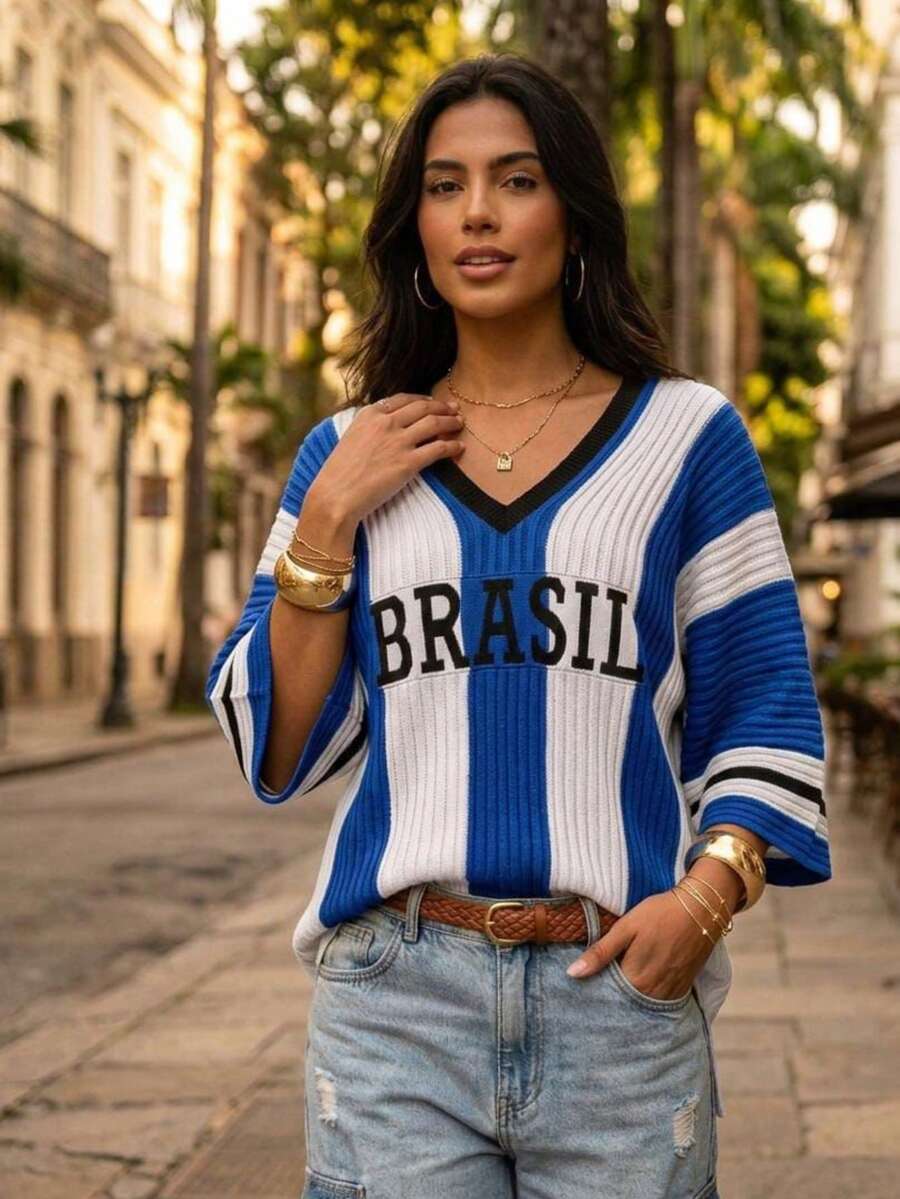 Brazil Striped Women's T-Shirt, Ribbed Modal Knit, World Cup, Summer - Blue and White - View 1