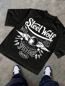 Boys & Teens' Casual Graphic Print Round Neck Short Sleeve T-Shirt, Summer Top - 黑色 - 查看 2