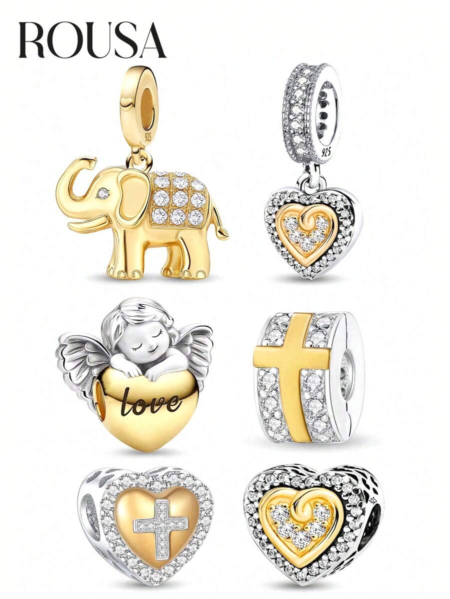 1颗925纯银闪亮心形天使吊坠珠，适合DIY手链、女士首饰、必备学校/学院用品