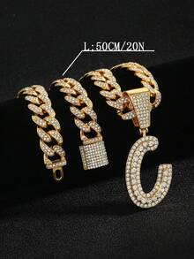 嘻哈风镶钻链，配定制草书字母吊坠，镀金项链，个性化首字母首饰 - 嘻哈字母項鍊 - 查看 2