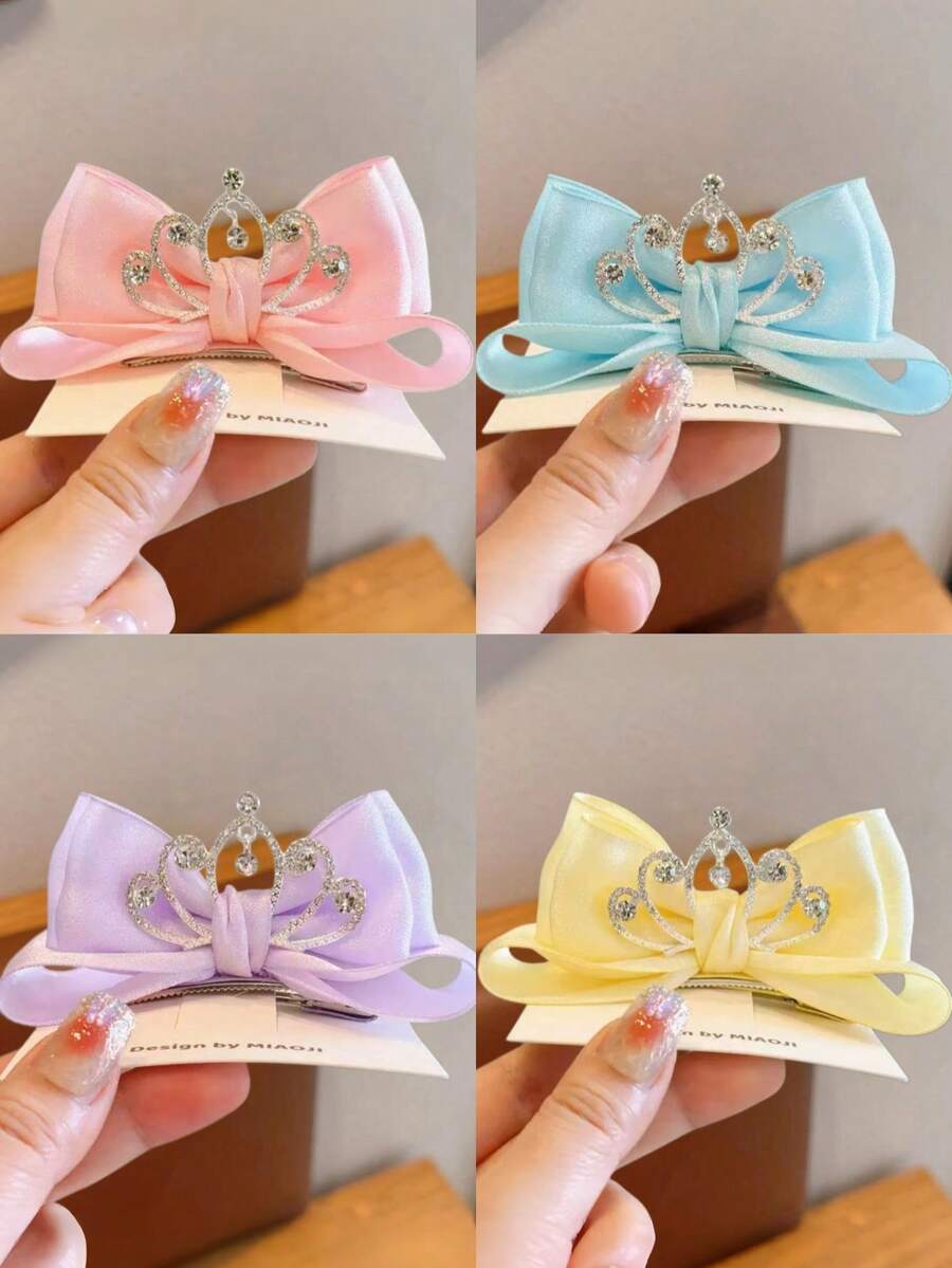 1pc Girls' Sweet Fresh Elegant Princess Style Solid Color Bowknot & Golden Crown Hairclip, Spring/Summer - Bow Crown Hairpin - View 1