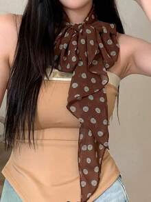 1条女士棕色波点印花丝巾，多功能真丝领巾，2026新款发带长围巾 - 咖啡棕 - 查看 2